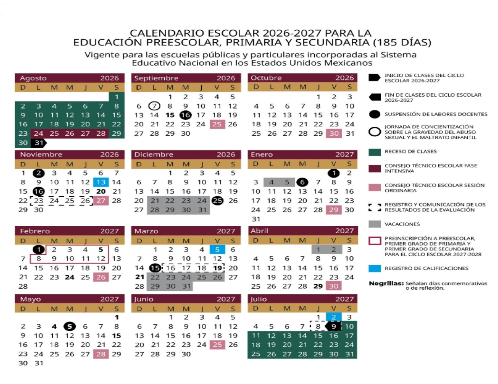 Calendario escolar SEP 2026-2027 para Preescolar, Primaria y Secundaria