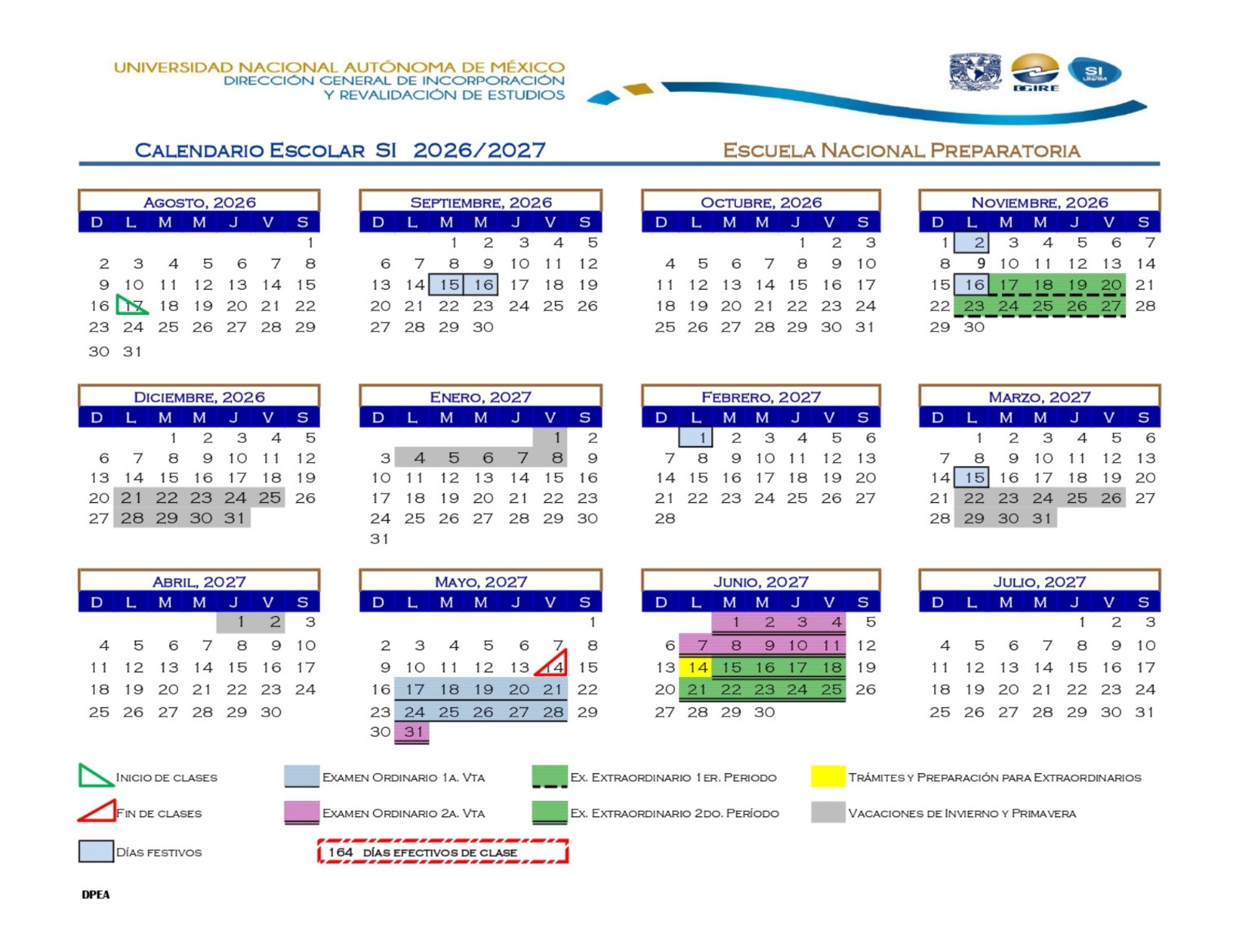 Calendario escolar UNAM 2026-2027 para la Escuela Nacional Preparatoria, incorporación 83/57